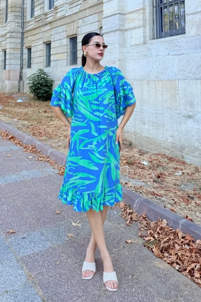 Yaka Lastikli Fırfır Detaylı Rahat Form Viskon Elbise 6024-İndigo