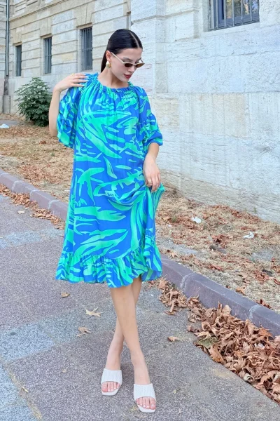 Yaka Lastikli Fırfır Detaylı Rahat Form Viskon Elbise 6024-İndigo