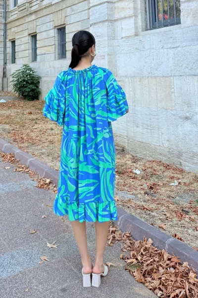 Yaka Lastikli Fırfır Detaylı Rahat Form Viskon Elbise 6024-İndigo