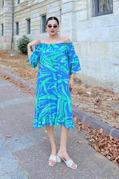 Yaka Lastikli Fırfır Detaylı Rahat Form Viskon Elbise 6024-İndigo