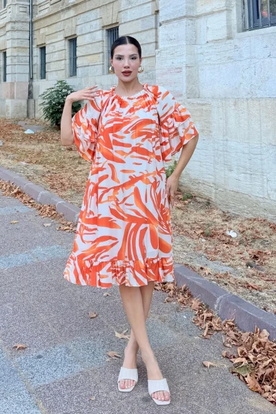 Yaka Lastikli Fırfır Detaylı Rahat Form Viskon Elbise 6024-Oranj