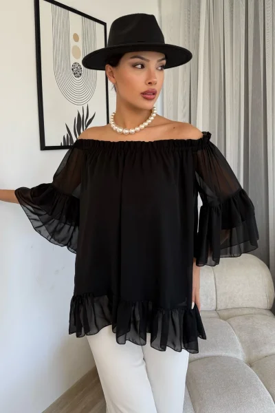Yaka Lastikli Şifon Bluz 6022-Siyah