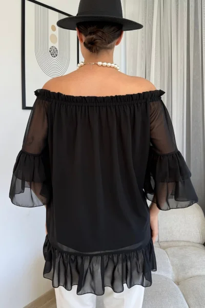 Yaka Lastikli Şifon Bluz 6022-Siyah