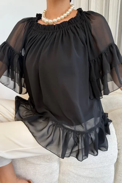 Yaka Lastikli Şifon Bluz 6022-Siyah