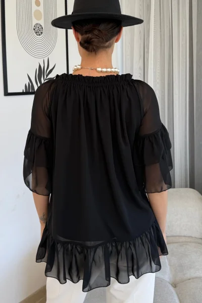 Yaka Lastikli Şifon Bluz 6022-Siyah