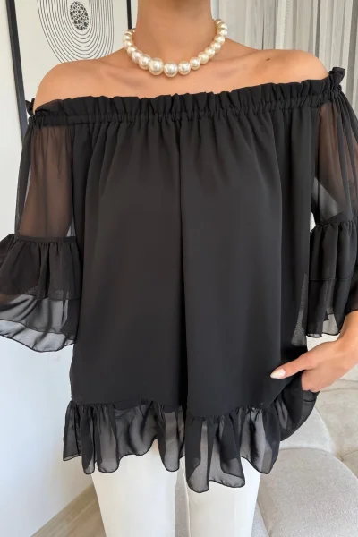 Yaka Lastikli Şifon Bluz 6022-Siyah