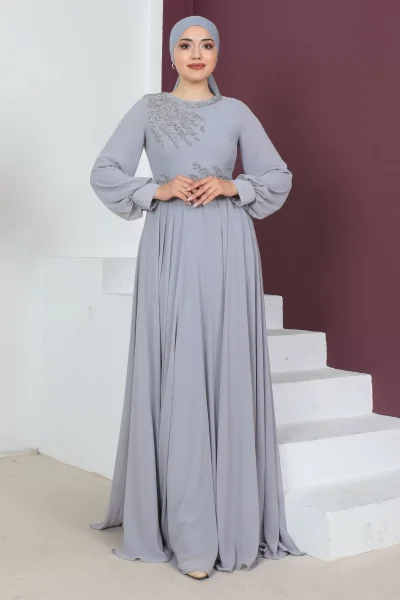 Yaka Ve Bel Detaylı Tesettür Abiye Elbise 657-Gri