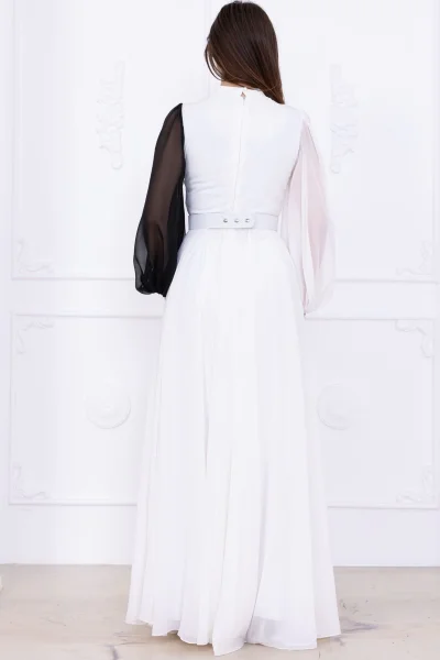 Yaka ve Kol Detaylı Şifon Abiye Elbise 2744-Beyaz