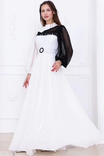 Yaka ve Kol Detaylı Şifon Abiye Elbise 2744-Beyaz