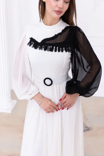 Yaka ve Kol Detaylı Şifon Abiye Elbise 2744-Beyaz