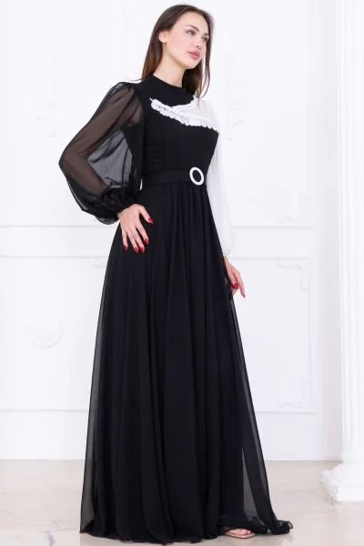 Yaka ve Kol Detaylı Şifon Abiye Elbise 2744-Siyah