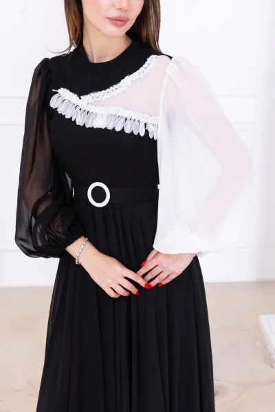 Yaka ve Kol Detaylı Şifon Abiye Elbise 2744-Siyah