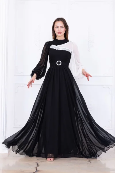 Yaka ve Kol Detaylı Şifon Abiye Elbise 2744-Siyah