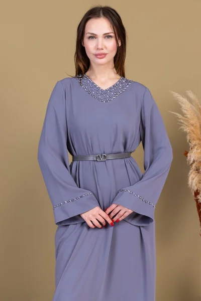 Yaka ve Kol İşleme Detaylı Rahat Form Elbise 1015-Gri