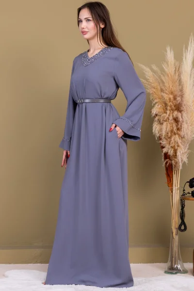 Yaka ve Kol İşleme Detaylı Rahat Form Elbise 1015-Gri