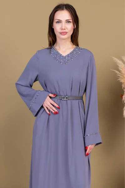 Yaka ve Kol İşleme Detaylı Rahat Form Elbise 1015-Gri