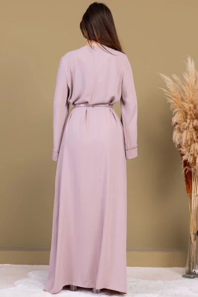 Yaka ve Kol İşleme Detaylı Rahat Form Elbise 1015-Bej