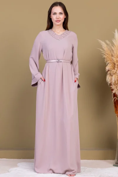 Yaka ve Kol İşleme Detaylı Rahat Form Elbise 1015-Bej