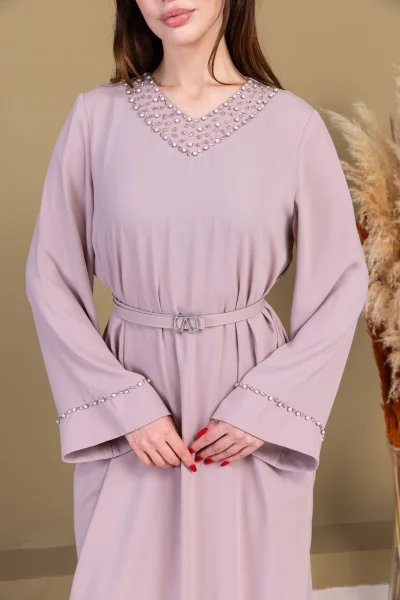 Yaka ve Kol İşleme Detaylı Rahat Form Elbise 1015-Bej