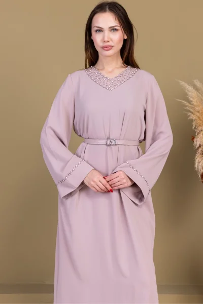 Yaka ve Kol İşleme Detaylı Rahat Form Elbise 1015-Bej