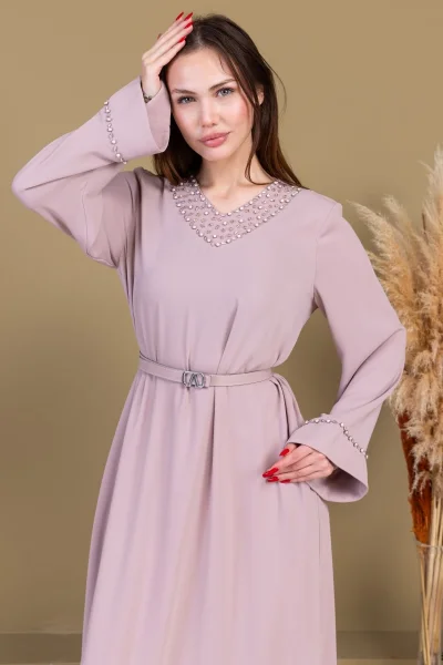 Yaka ve Kol İşleme Detaylı Rahat Form Elbise 1015-Bej