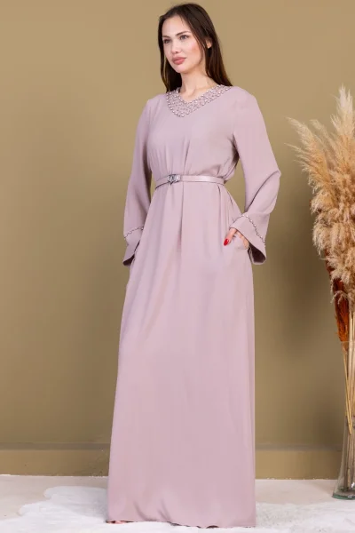 Yaka ve Kol İşleme Detaylı Rahat Form Elbise 1015-Bej