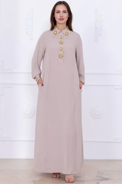 Yaka ve Manşet İşleme Detaylı Rahat Form Elbise 1014-Bej