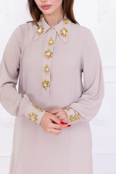 Yaka ve Manşet İşleme Detaylı Rahat Form Elbise 1014-Bej