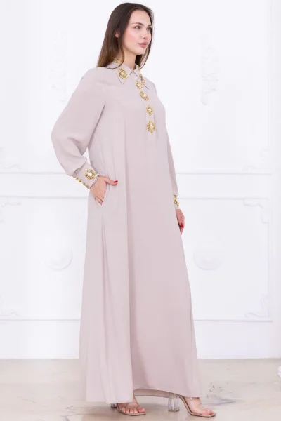 Yaka ve Manşet İşleme Detaylı Rahat Form Elbise 1014-Bej