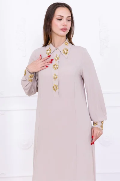 Yaka ve Manşet İşleme Detaylı Rahat Form Elbise 1014-Bej