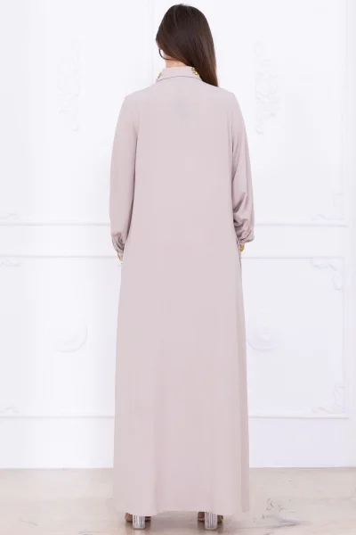 Yaka ve Manşet İşleme Detaylı Rahat Form Elbise 1014-Bej