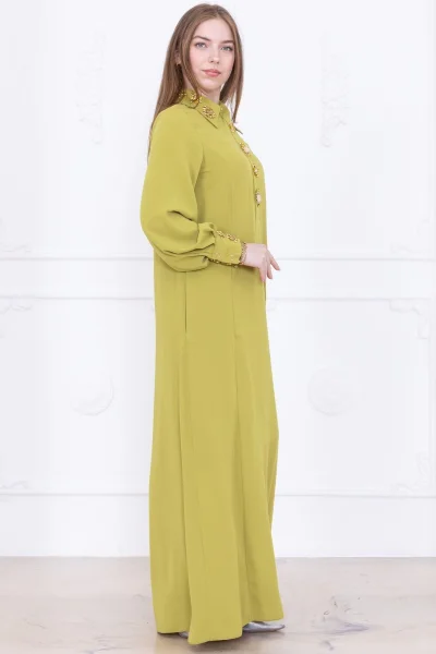 Yaka ve Manşet İşleme Detaylı Rahat Form Elbise 1014-Olive