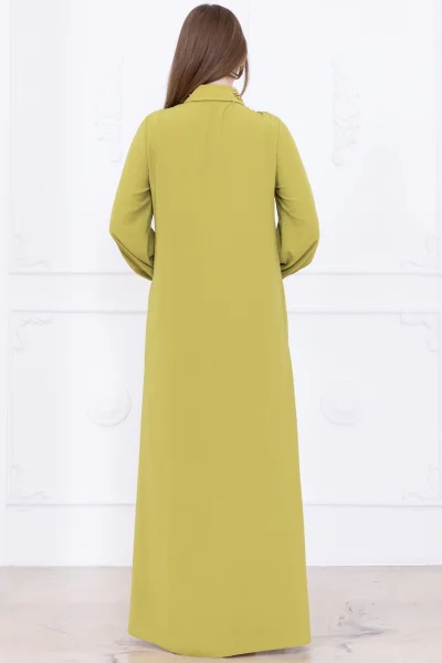 Yaka ve Manşet İşleme Detaylı Rahat Form Elbise 1014-Olive