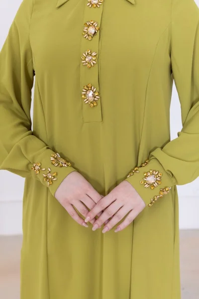 Yaka ve Manşet İşleme Detaylı Rahat Form Elbise 1014-Olive