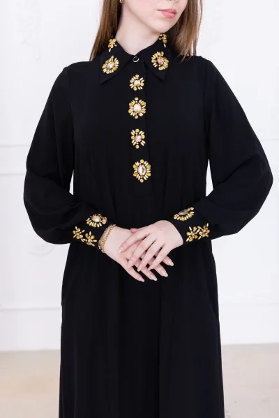 Yaka ve Manşet İşleme Detaylı Rahat Form Elbise 1014-Siyah