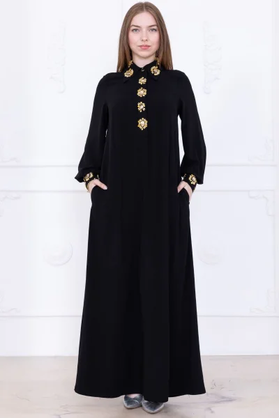 Yaka ve Manşet İşleme Detaylı Rahat Form Elbise 1014-Siyah