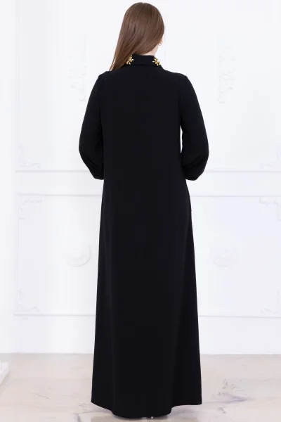 Yaka ve Manşet İşleme Detaylı Rahat Form Elbise 1014-Siyah
