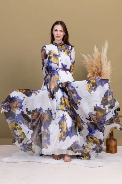 Yaka ve Omuz Boncuk İşlemeli Şifon Abiye 2704-Mor