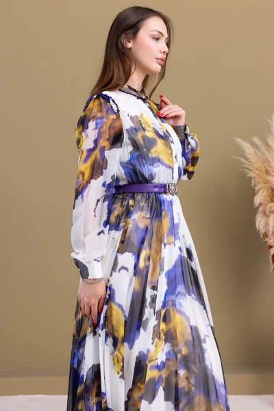 Yaka ve Omuz Boncuk İşlemeli Şifon Abiye 2704-Mor