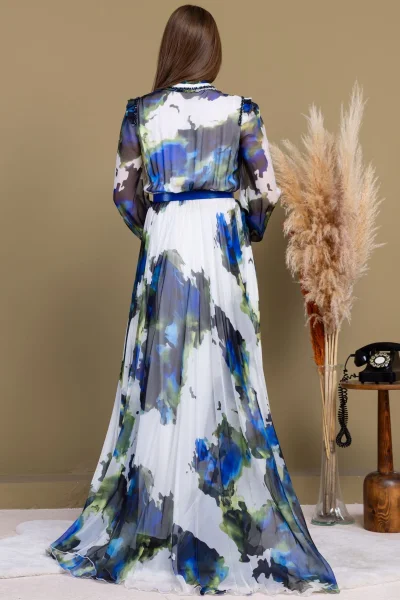 Yaka ve Omuz Boncuk İşlemeli Şifon Abiye 2704-Saks