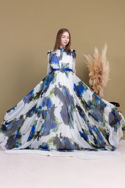 Yaka ve Omuz Boncuk İşlemeli Şifon Abiye 2704-Saks