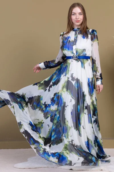 Yaka ve Omuz Boncuk İşlemeli Şifon Abiye 2704-Saks