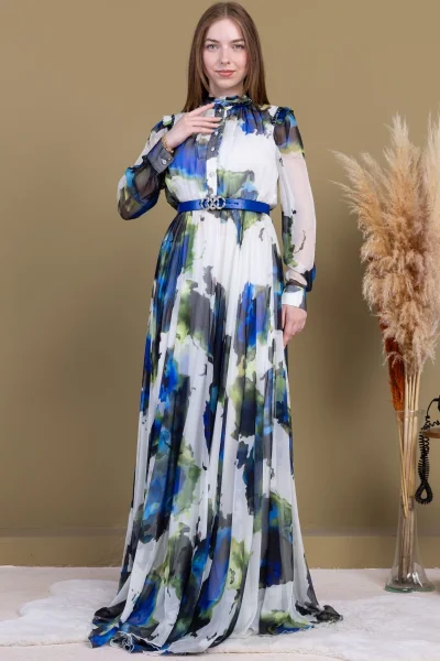 Yaka ve Omuz Boncuk İşlemeli Şifon Abiye 2704-Saks