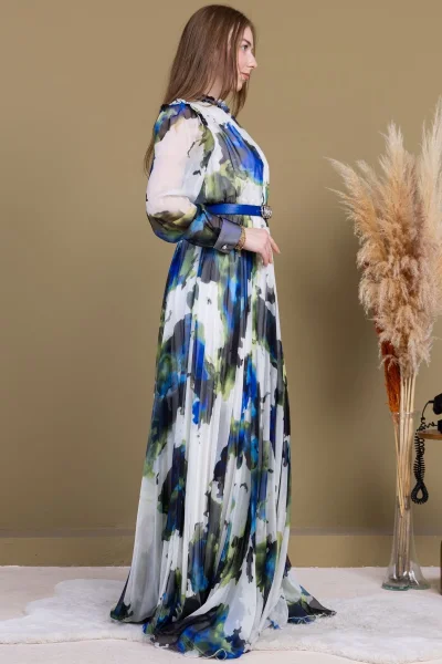 Yaka ve Omuz Boncuk İşlemeli Şifon Abiye 2704-Saks