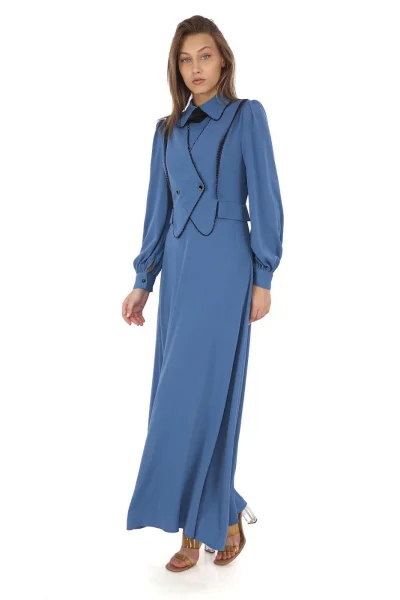 Yelek Efektli Dantel ve Boncuk İşlemli Elbise 2711-İndigo