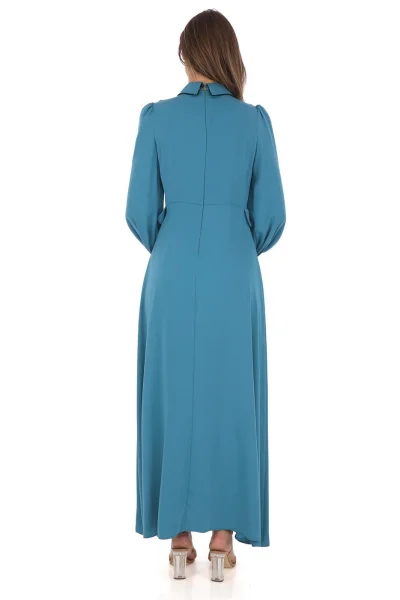 Yelek Efektli Dantel ve Boncuk İşlemli Elbise 2711-Petrol