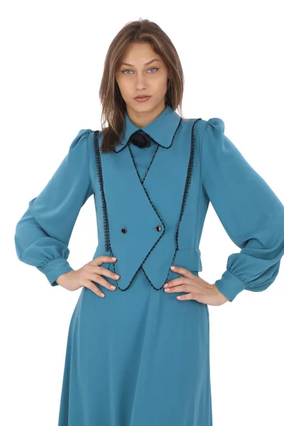 Yelek Efektli Dantel ve Boncuk İşlemli Elbise 2711-Petrol