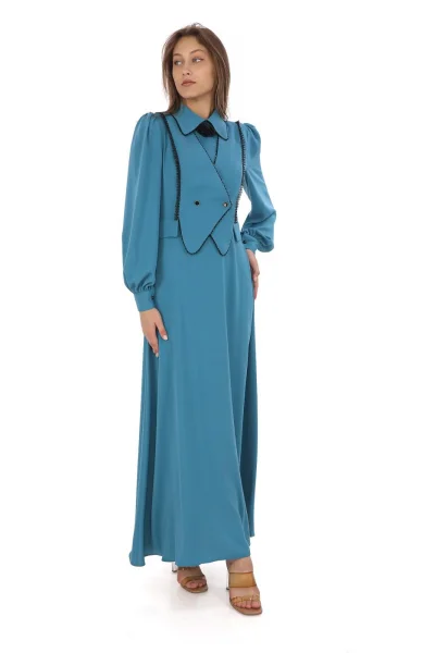 Yelek Efektli Dantel ve Boncuk İşlemli Elbise 2711-Petrol