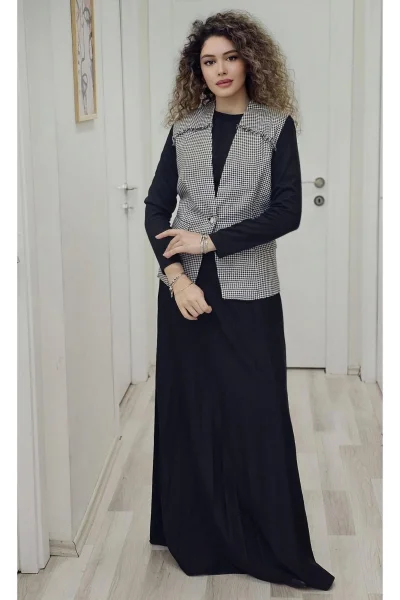 Yelekli Örme Kumaş Uzun Elbise 703-Siyah