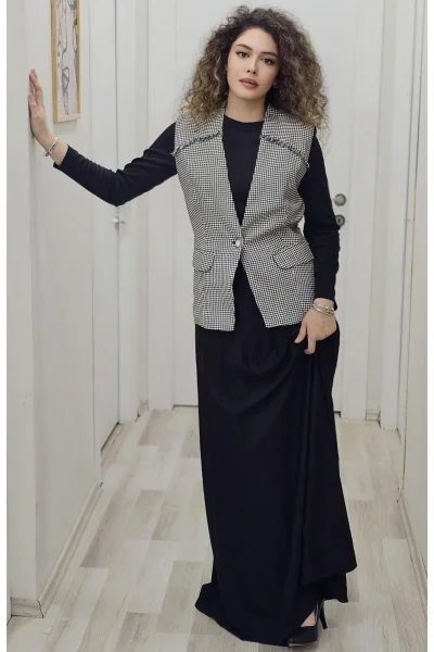 Yelekli Örme Kumaş Uzun Elbise 703-Siyah